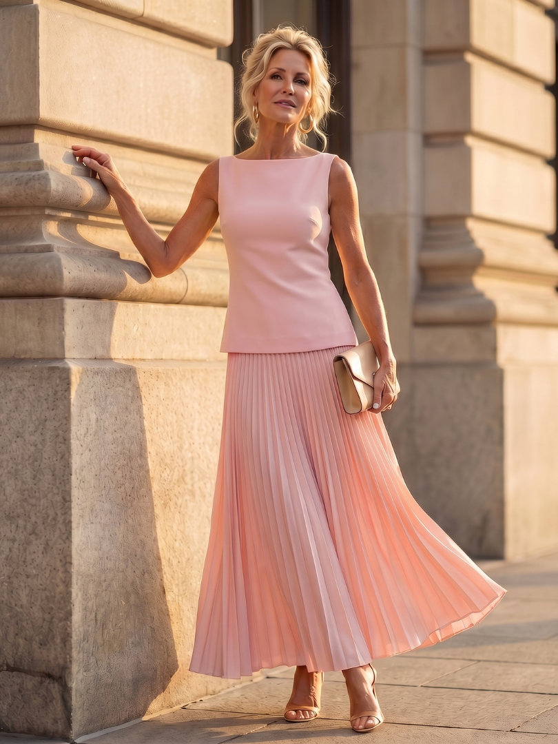 Women's Pleated Maxi Skirt Sleeveless Top Set