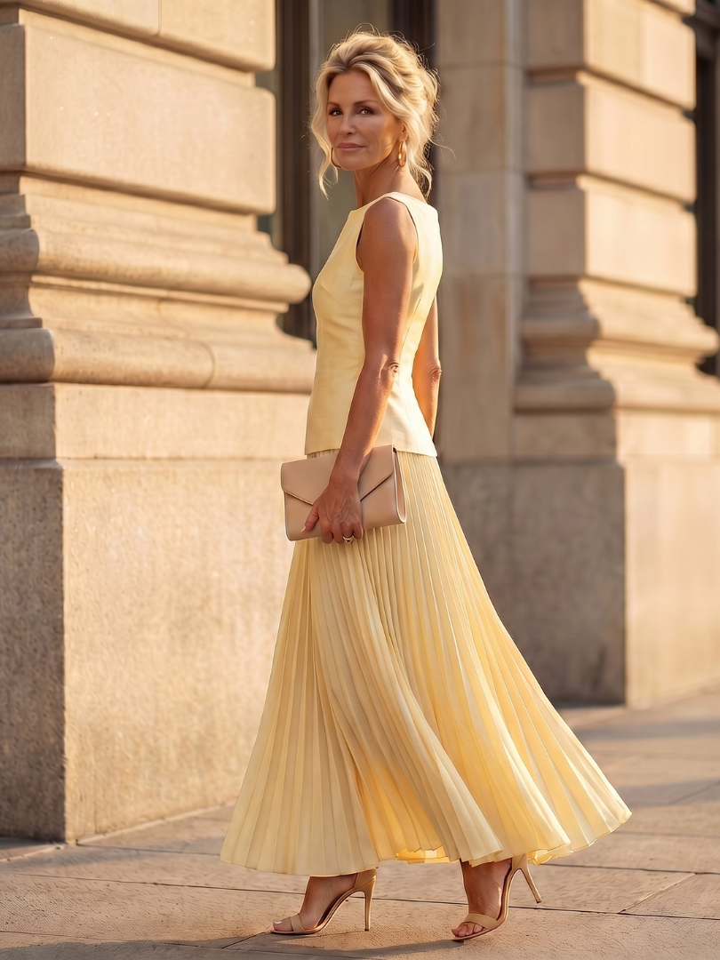 Women's Pleated Maxi Skirt Sleeveless Top Set