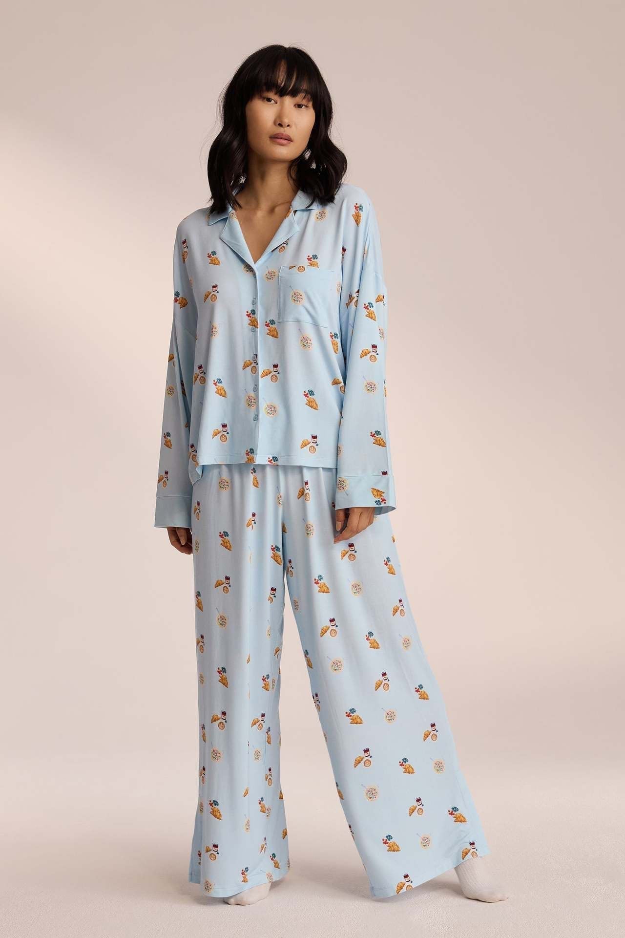 Women's Printed Button-Up Wide Leg Pajama Set