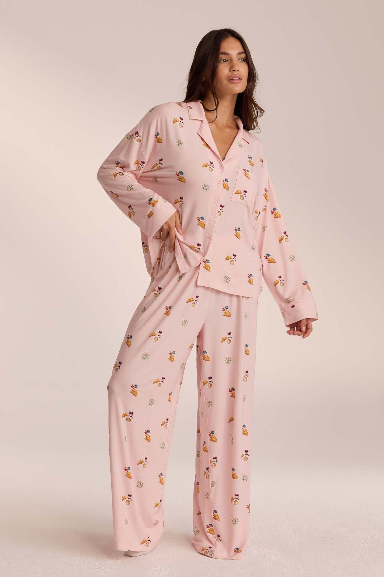 Women's Printed Button-Up Wide Leg Pajama Set