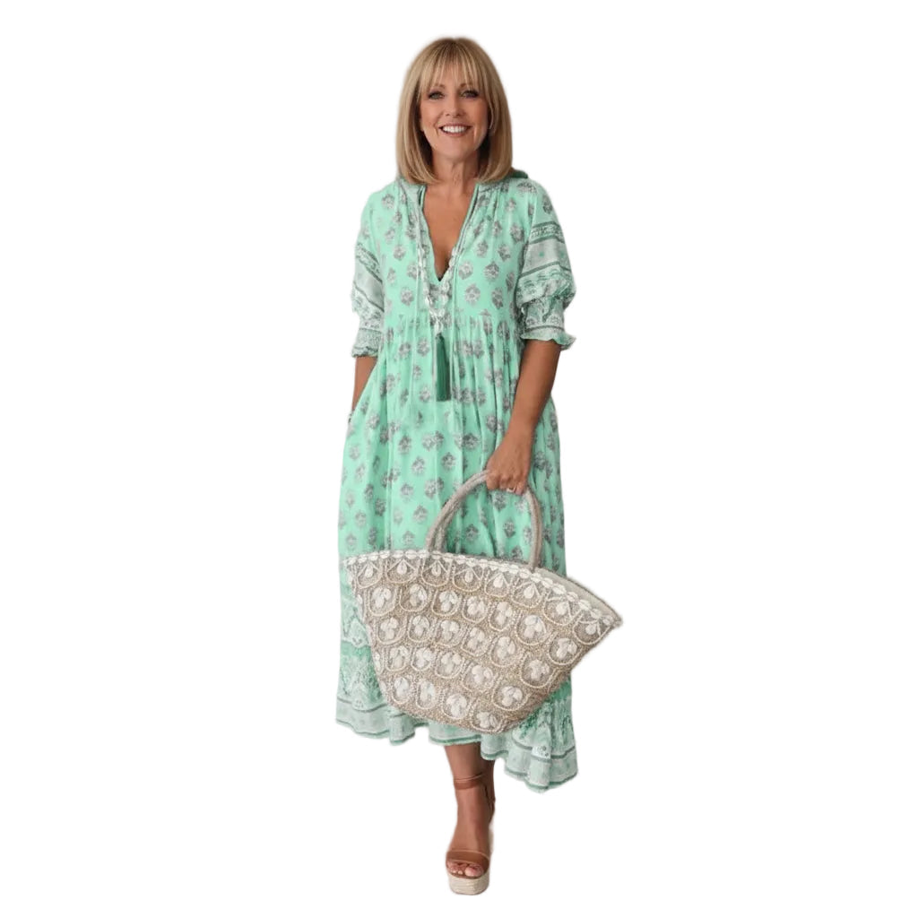 Women's Printed Tiered Tassel V Neck Dress Midi