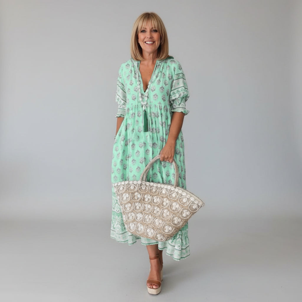 Women's Printed Tiered Tassel V Neck Dress Midi