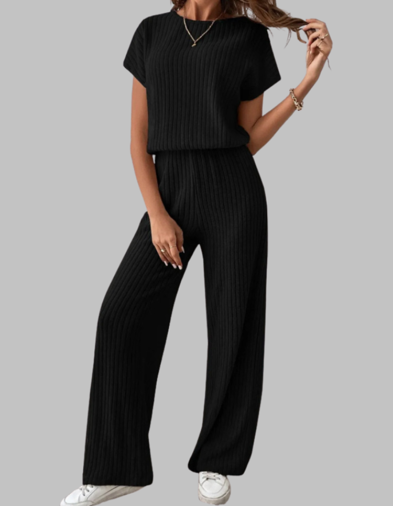 Women's Ribbed Knit Short Sleeve Top Wide Leg Trouser Set Dropped Shoulder