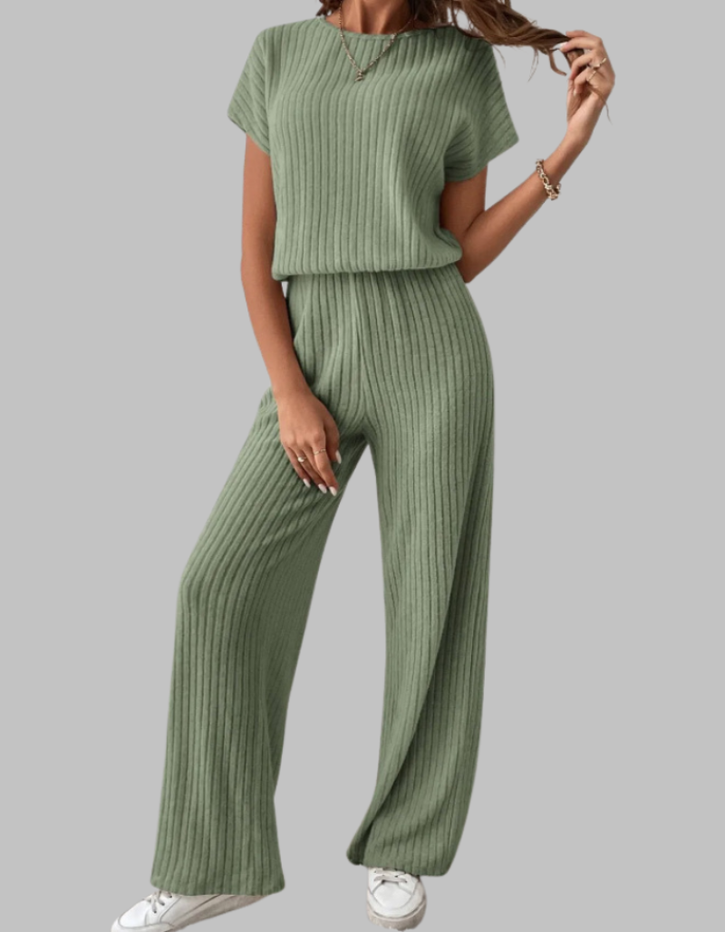 Women's Ribbed Knit Short Sleeve Top Wide Leg Trouser Set Dropped Shoulder