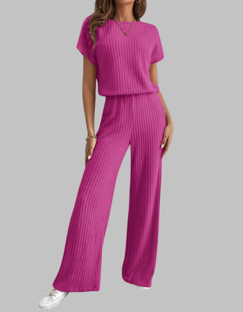 Women's Ribbed Knit Short Sleeve Top Wide Leg Trouser Set Dropped Shoulder