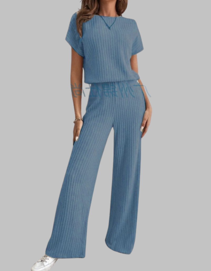 Women's Ribbed Knit Short Sleeve Top Wide Leg Trouser Set Dropped Shoulder