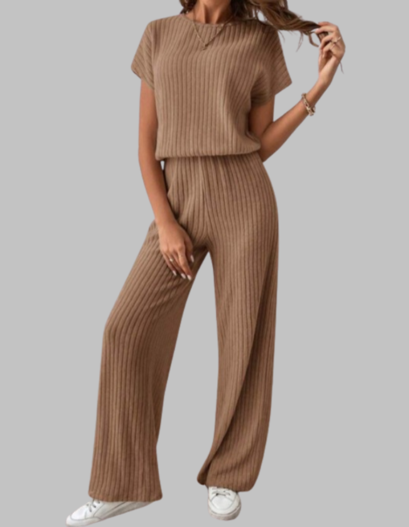 Women's Ribbed Knit Short Sleeve Top Wide Leg Trouser Set Dropped Shoulder