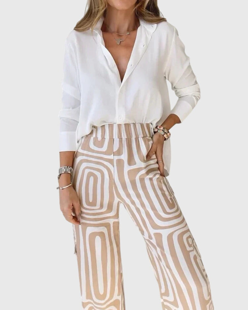 Women's Shirt and Printed Straight Leg Trousers Set