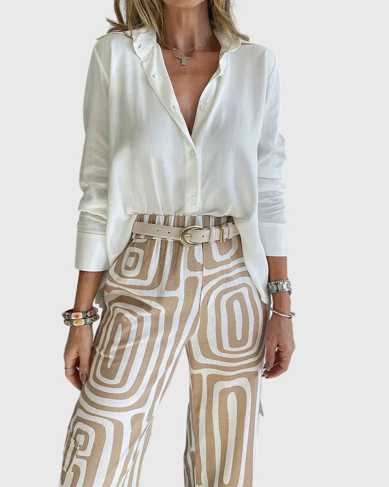 Women's Shirt and Printed Straight Leg Trousers Set