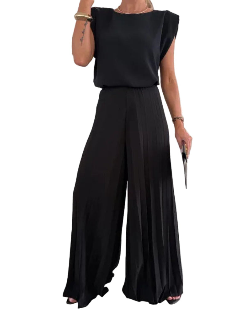 Women's Shoulder Pad Sleeveless Top Pleated Wide Leg Trousers Set