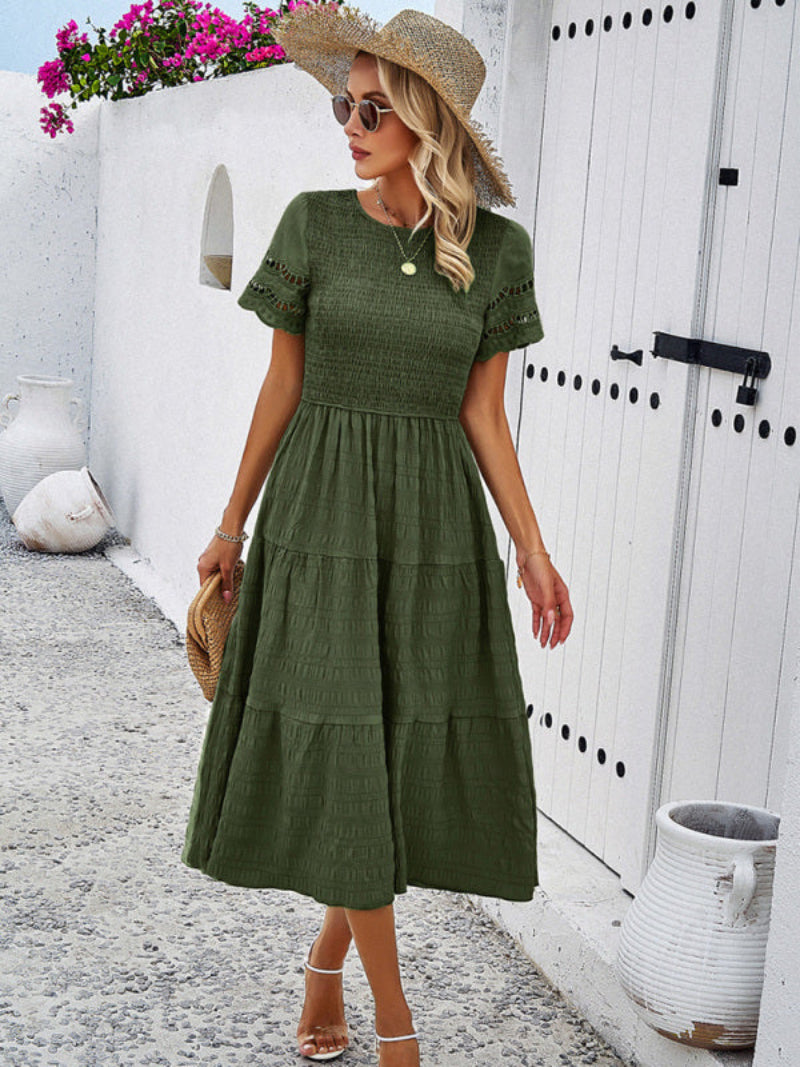 Women's Smocked Tiered Dress Short Sleeve Midi