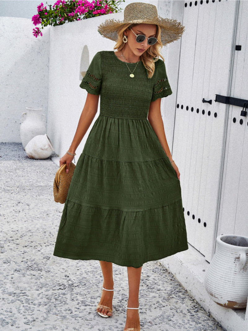 Women's Smocked Tiered Dress Short Sleeve Midi