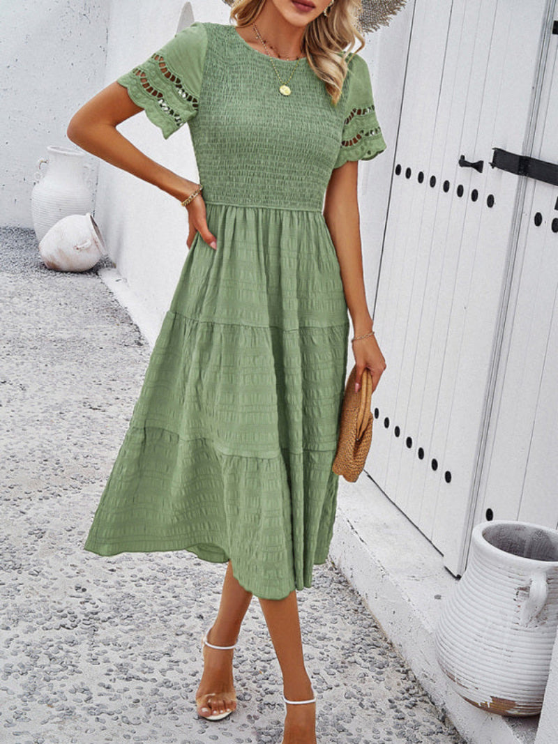 Women's Smocked Tiered Dress Short Sleeve Midi