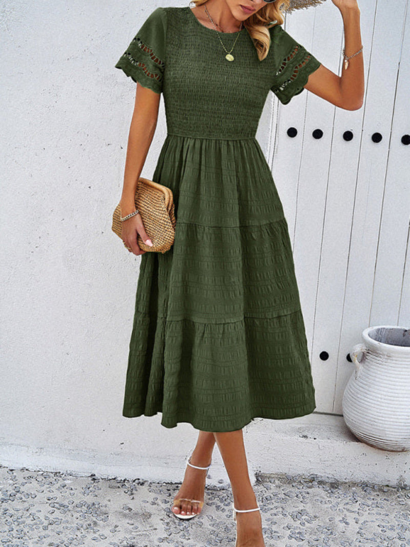 Women's Smocked Tiered Dress Short Sleeve Midi