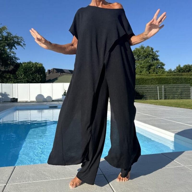 Women's Split Hem Oversized Top Wide Leg Trousers Set