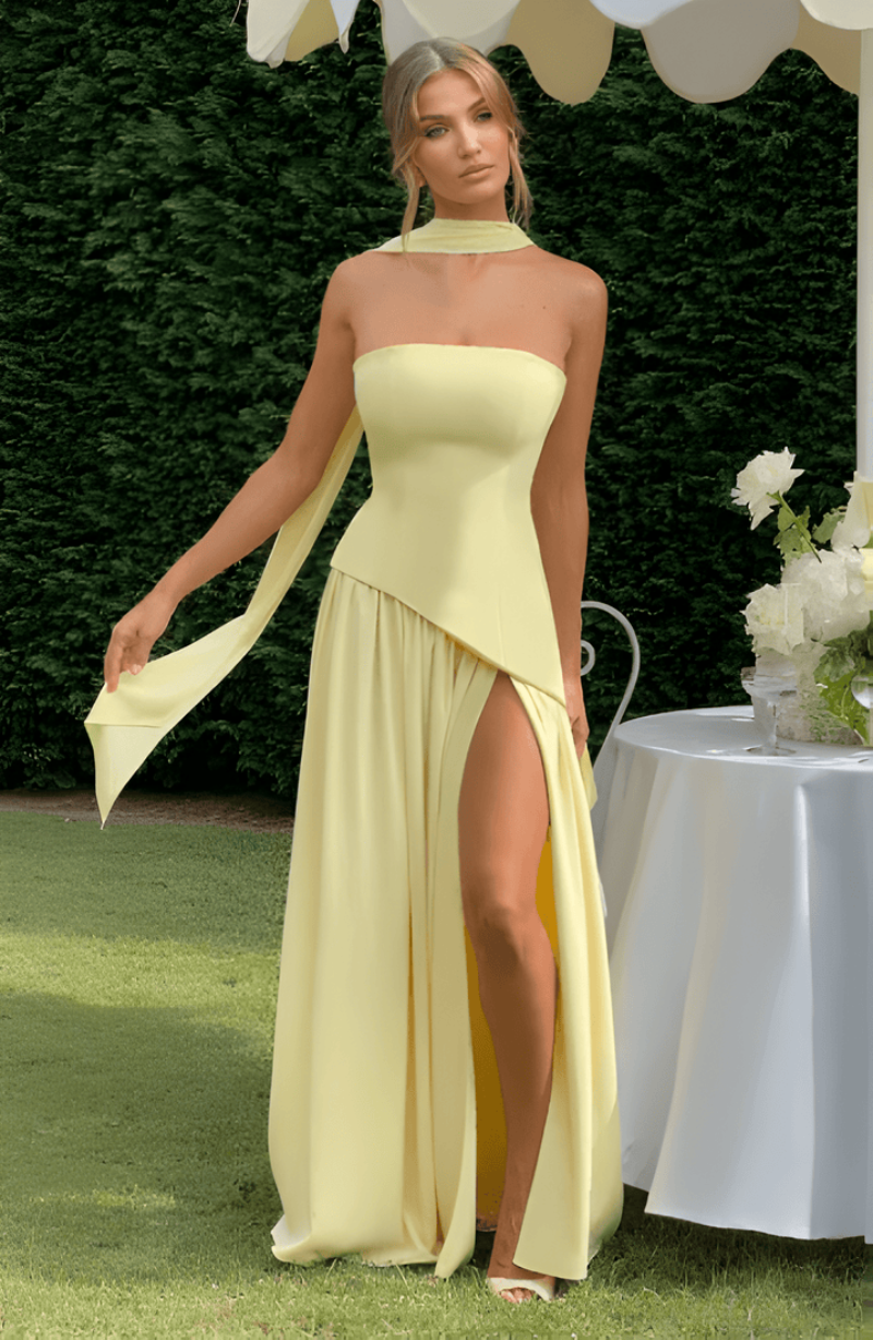 Women's Strapless Chiffon High Slit Dress Maxi