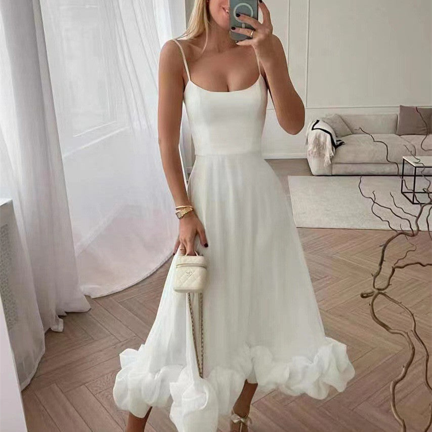 Women's Strappy Square Neck Bubble Hem Dress Midi