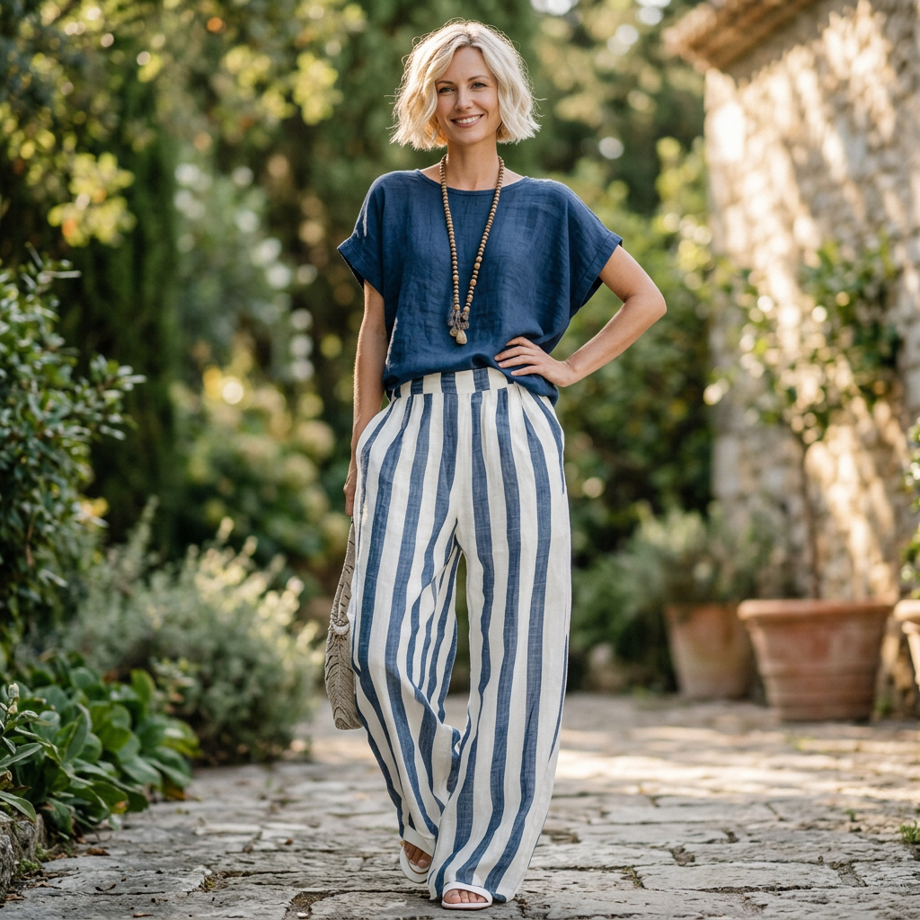 Women's Striped Wide Leg Woven Trousers Crew Neck Top Set