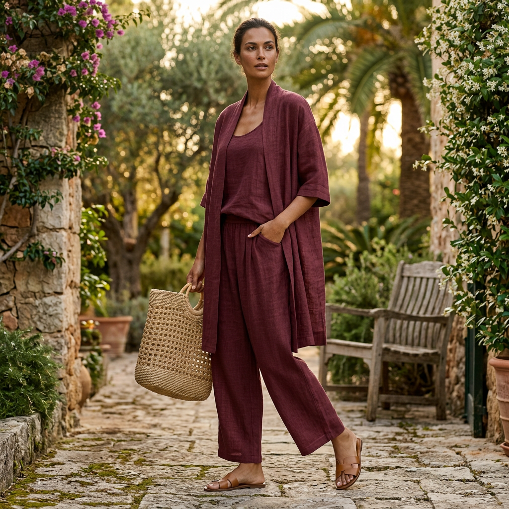 Women's Wide Leg Woven Trousers Cami Three Piece Set