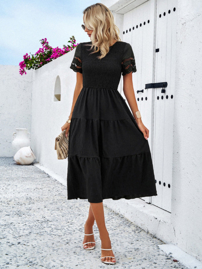 Women's Smocked Tiered Dress Short Sleeve Midi