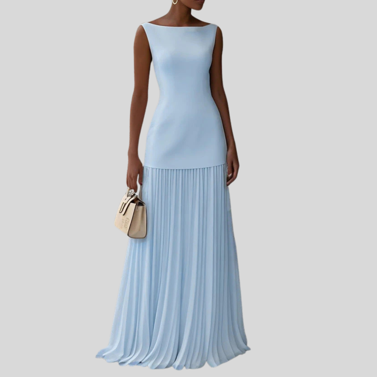 Women's Bateau Neck Pleated Drop Waist Dress Maxi