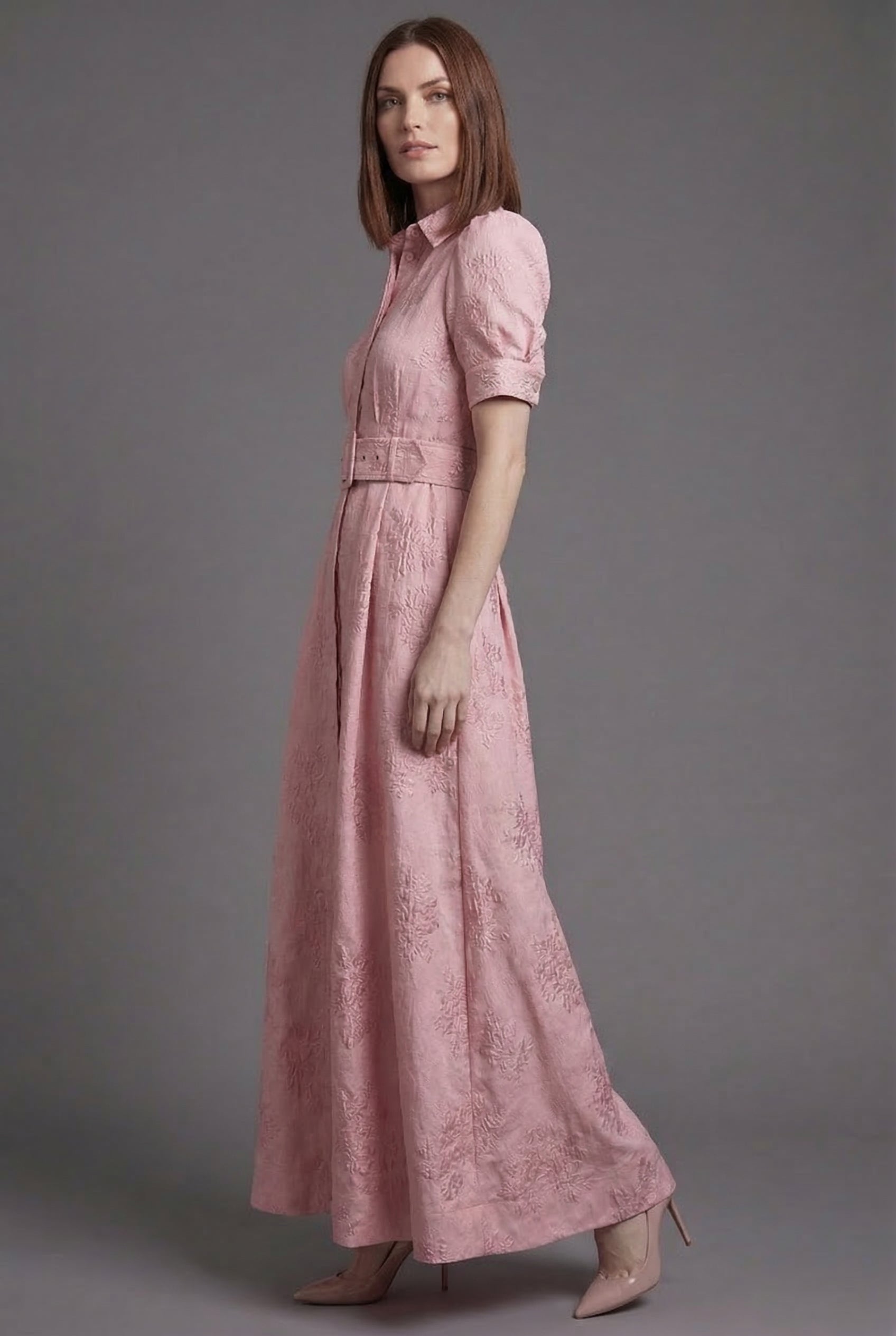 Women's Belted Puff Sleeve A Line Dress Maxi