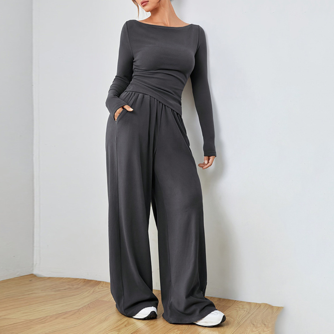 Women's Boat Neck Long Sleeve Top Palazzo Trouser Set Crossover Waist