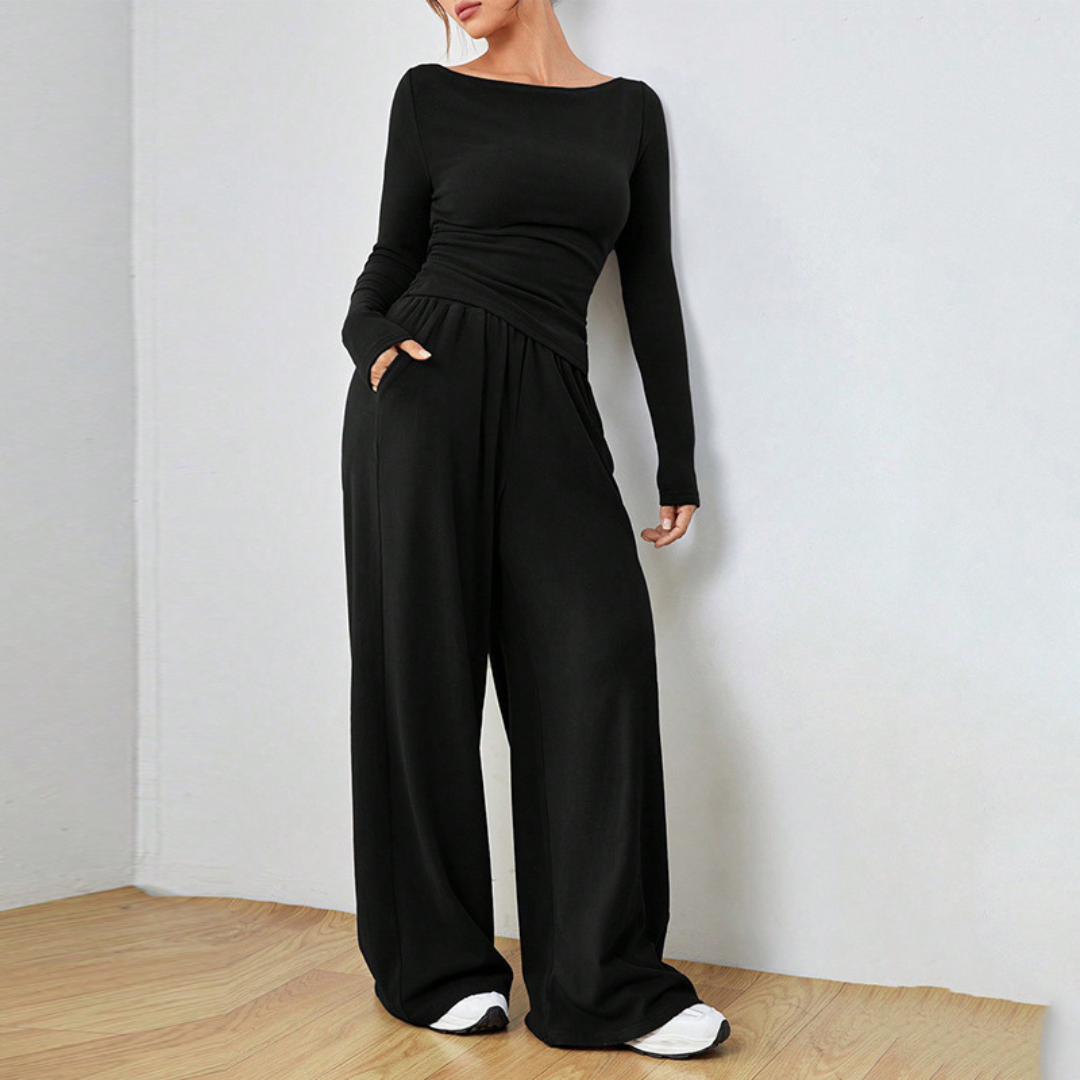 Women's Boat Neck Long Sleeve Top Palazzo Trouser Set Crossover Waist