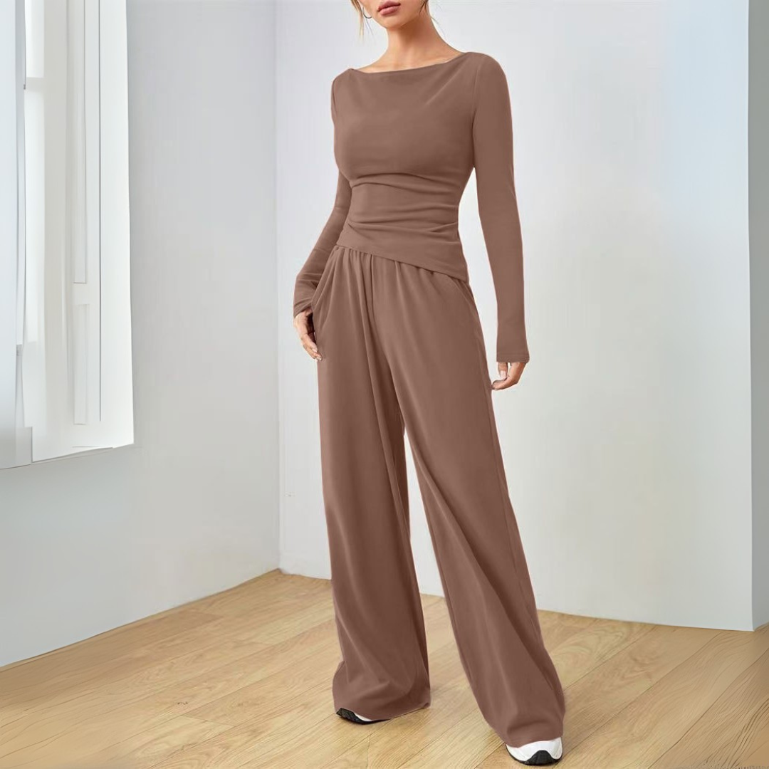 Women's Boat Neck Long Sleeve Top Palazzo Trouser Set Crossover Waist