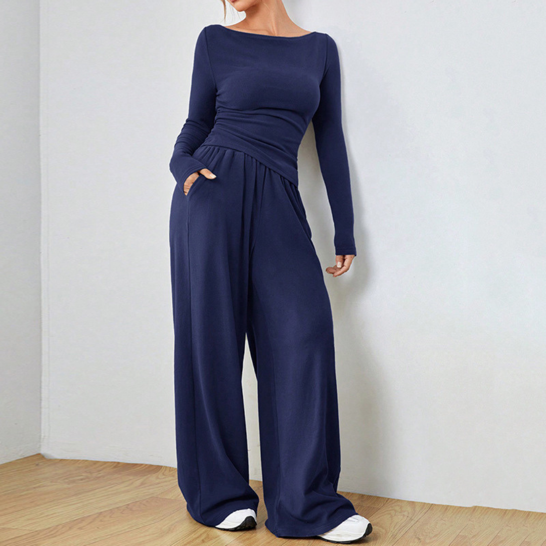 Women's Boat Neck Long Sleeve Top Palazzo Trouser Set Crossover Waist