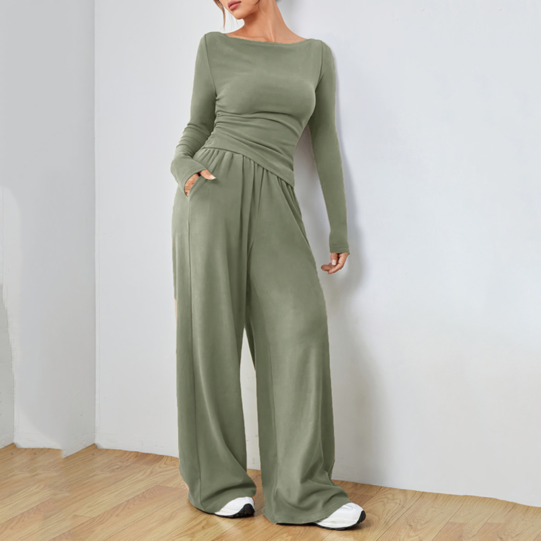 Women's Boat Neck Long Sleeve Top Palazzo Trouser Set Crossover Waist