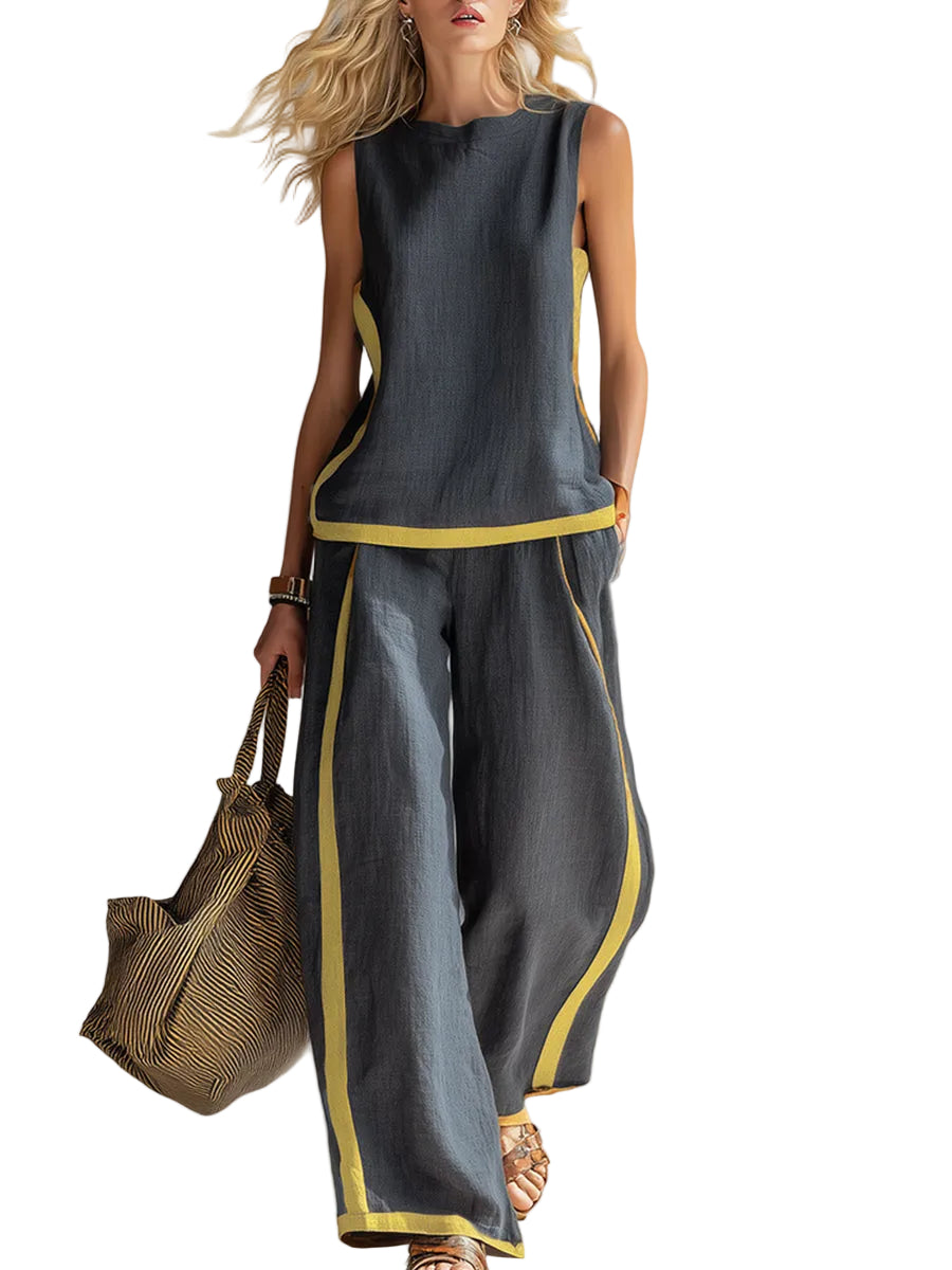 Women's Contrast Trim Vest Wide Leg Trousers Set