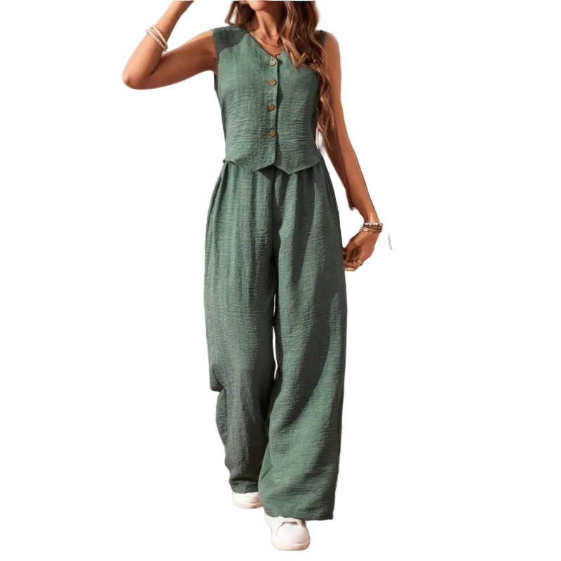 Women's Crinkle Cotton Vest Wide Leg Trouser Set Button Front