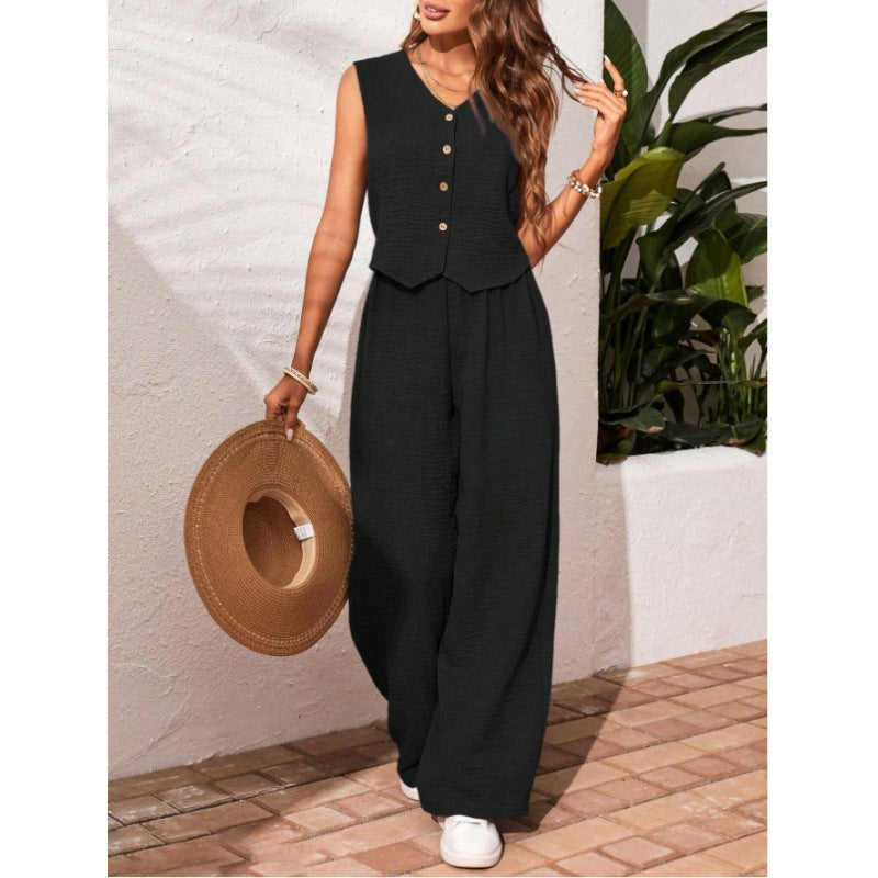 Women's Crinkle Cotton Vest Wide Leg Trouser Set Button Front