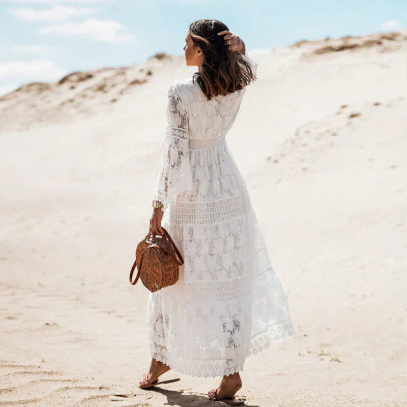 Women’s Crochet Lace Maxi Dress with Bell Sleeves and Tassel Neckline