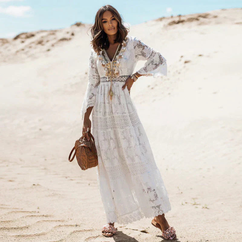 Women’s Crochet Lace Maxi Dress with Bell Sleeves and Tassel Neckline