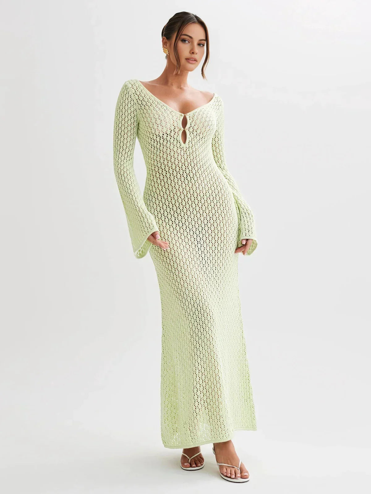 Women's Crochet Long Sleeve Maxi Dress Cover Up