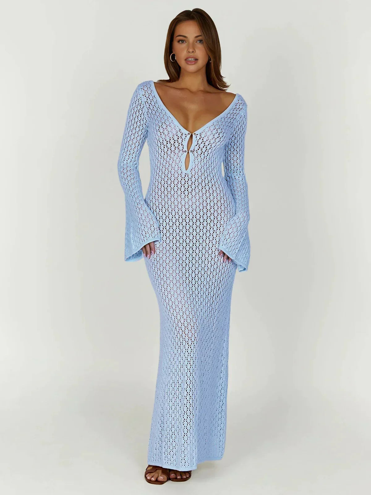 Women's Crochet Long Sleeve Maxi Dress Cover Up