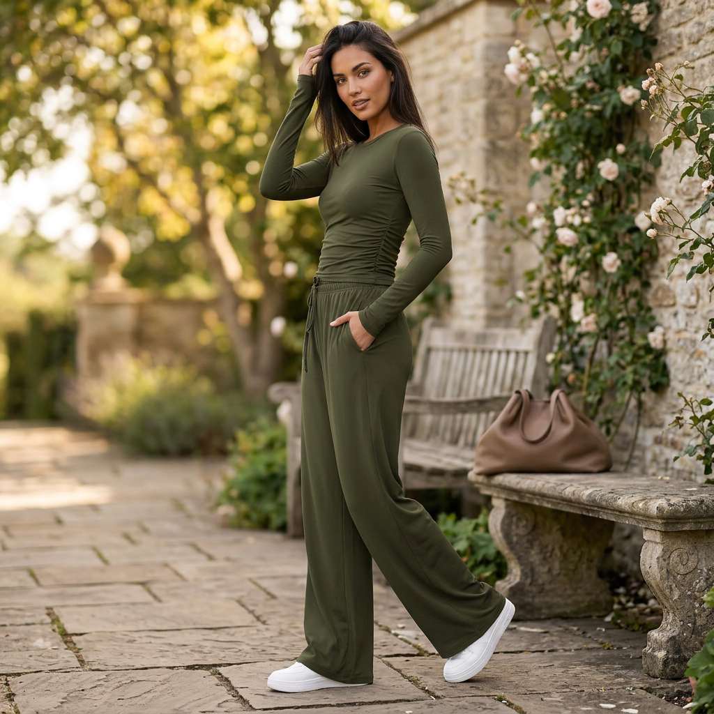 Women's Fitted Long Sleeve Top Wide Leg Trouser Set Ruched Side