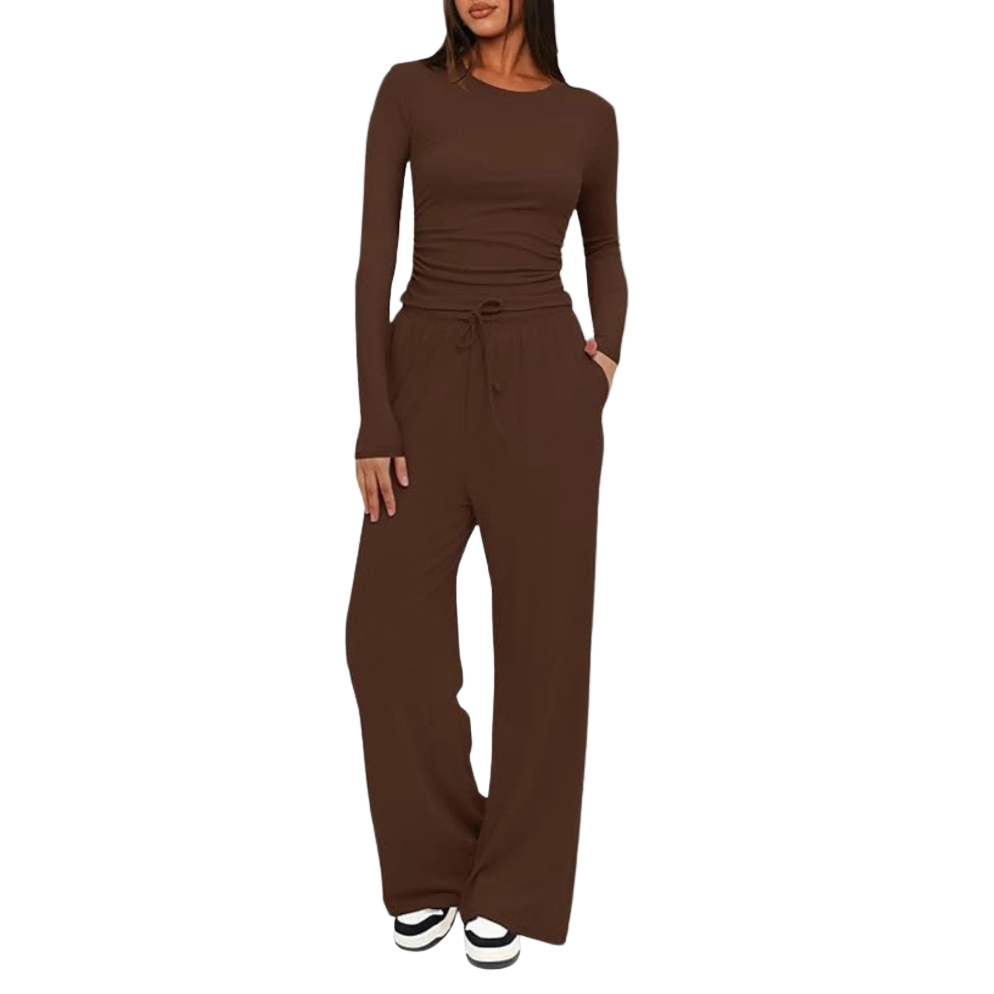 Women's Fitted Long Sleeve Top Wide Leg Trouser Set Ruched Side