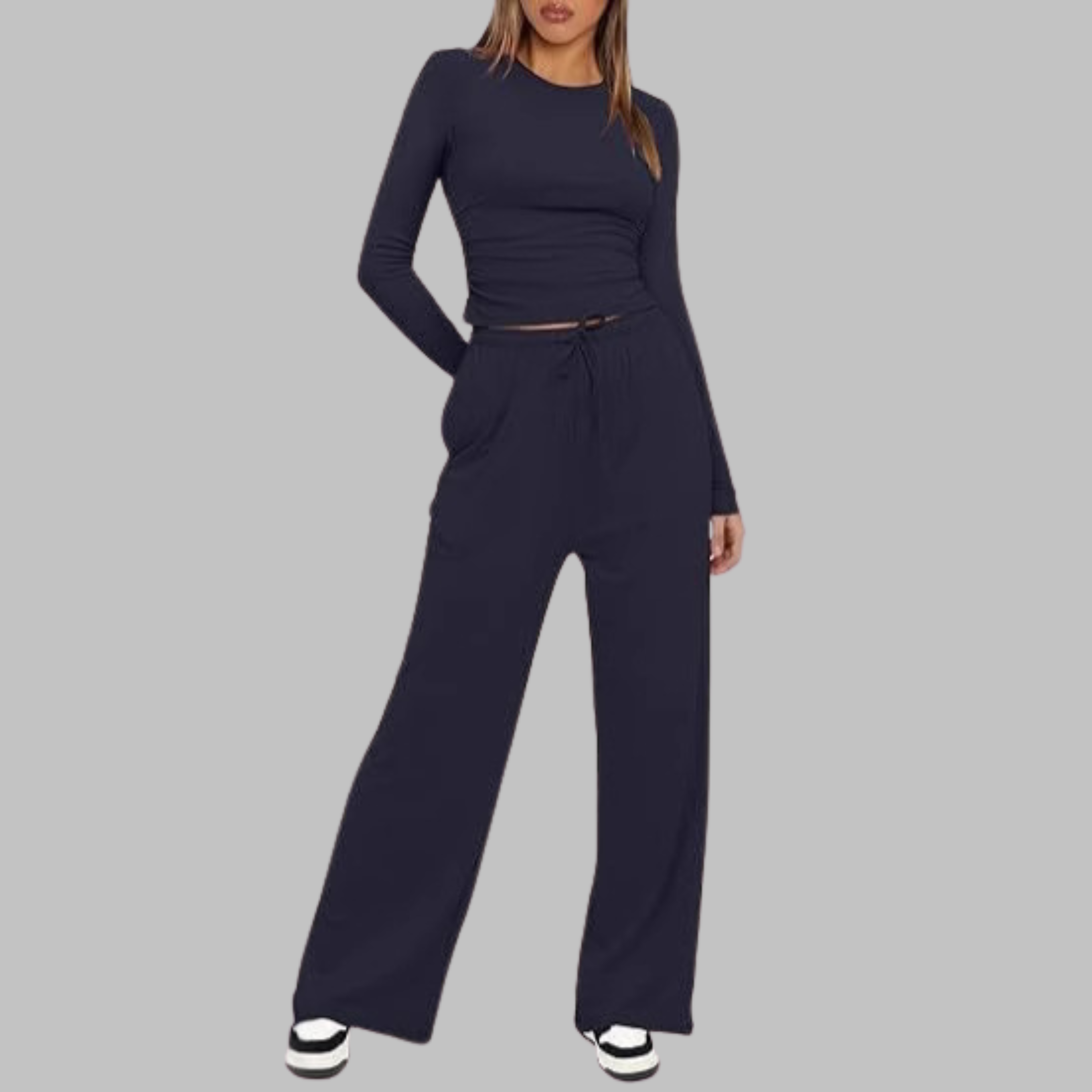 Women's Fitted Long Sleeve Top Wide Leg Trouser Set Ruched Side