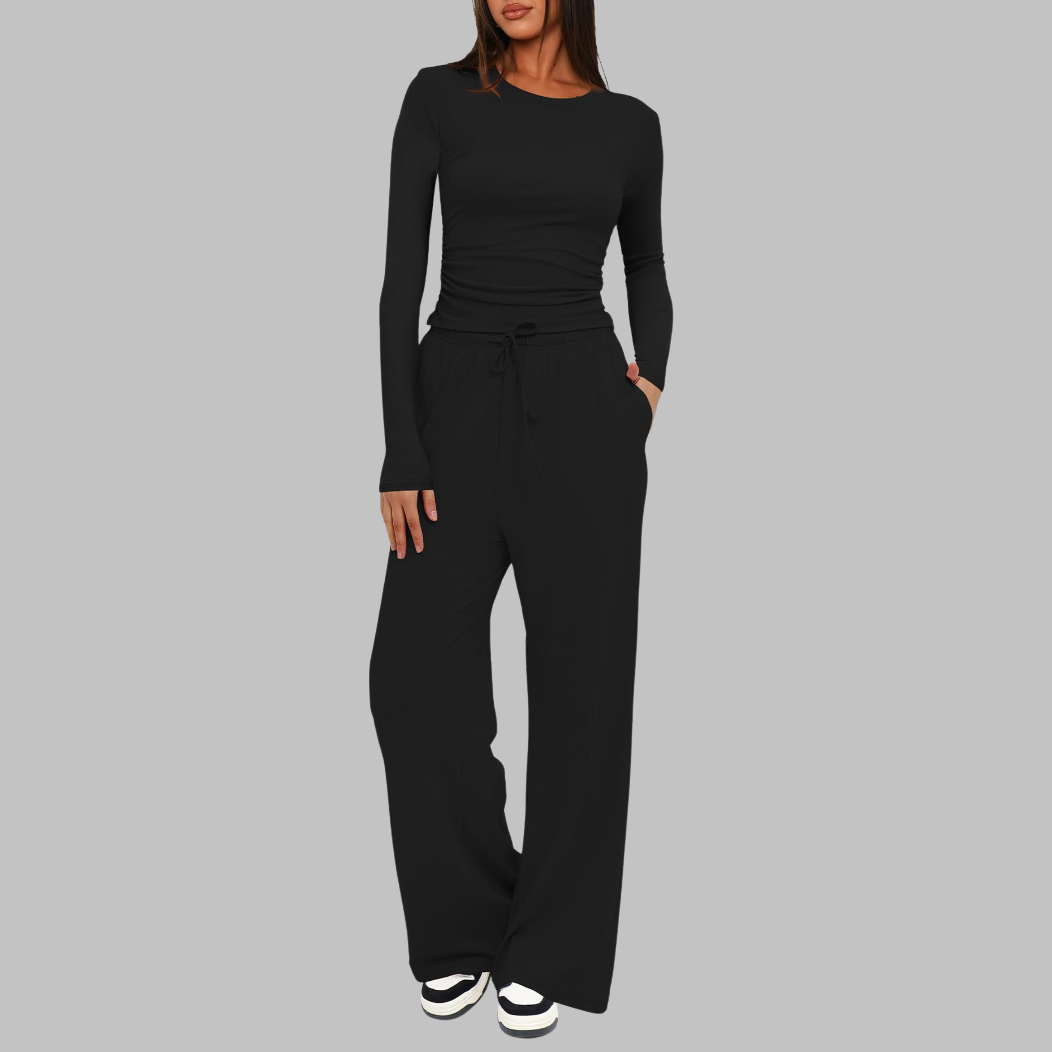 Women's Fitted Long Sleeve Top Wide Leg Trouser Set Ruched Waist