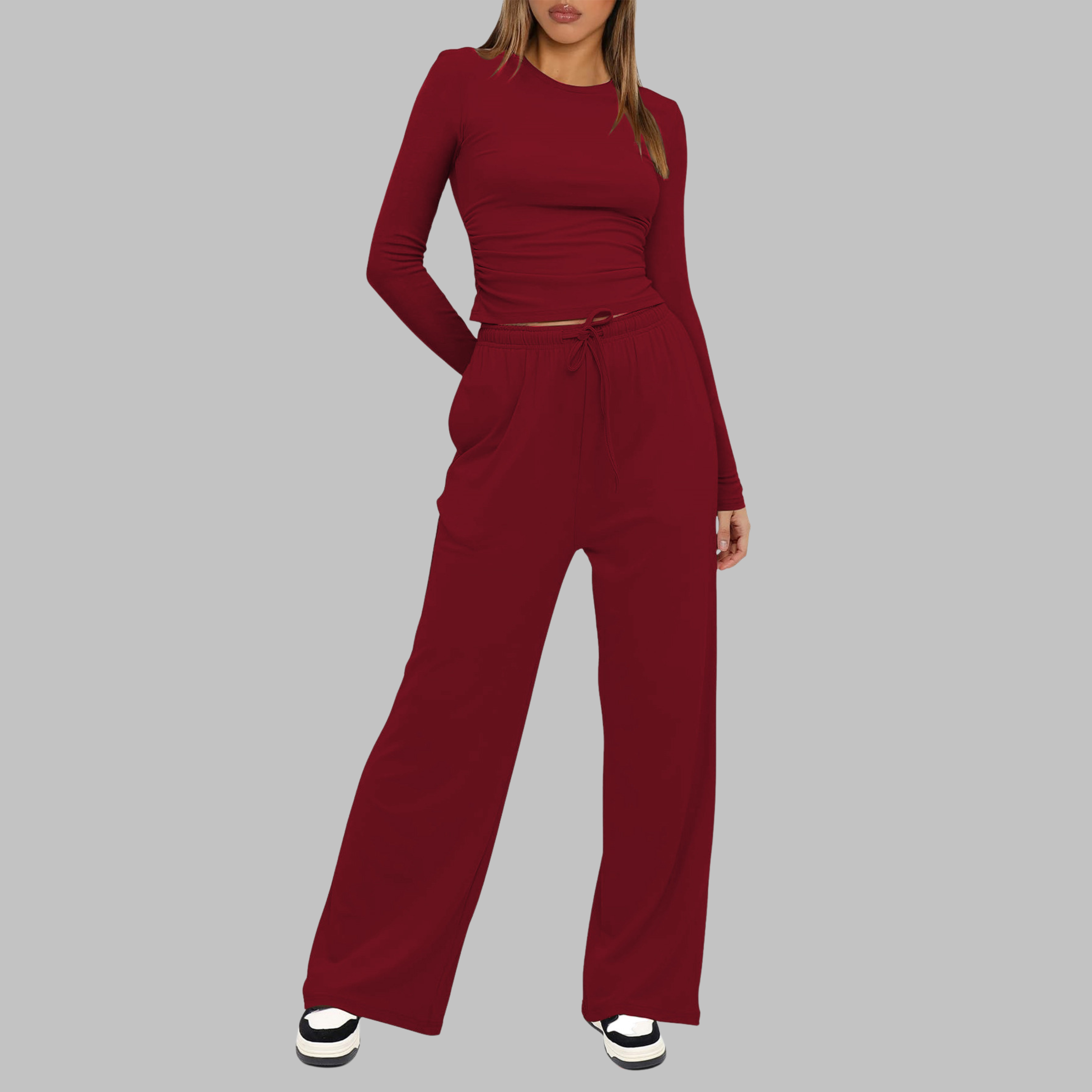 Women's Fitted Long Sleeve Top Wide Leg Trouser Set Ruched Waist