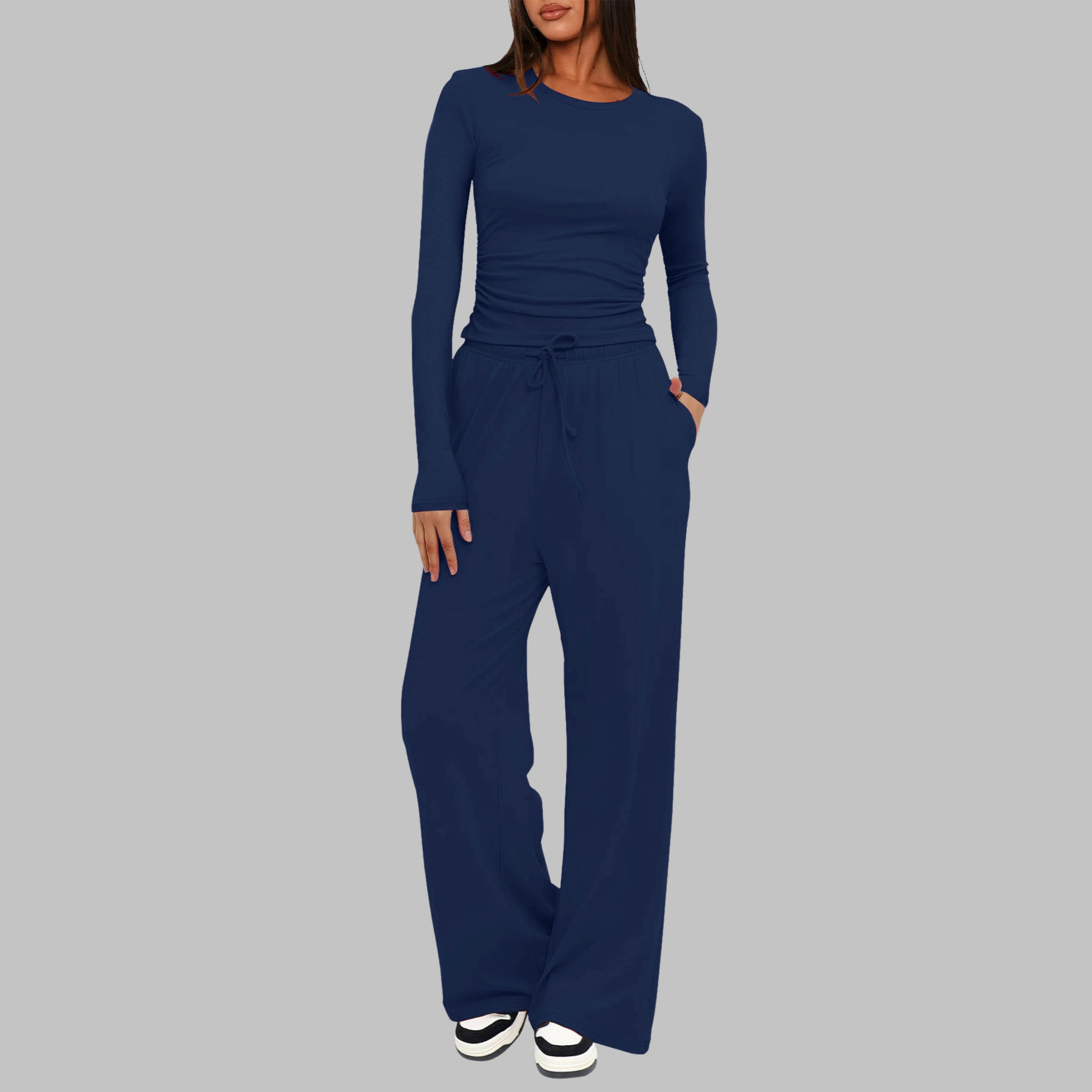 Women's Fitted Long Sleeve Top Wide Leg Trouser Set Ruched Waist