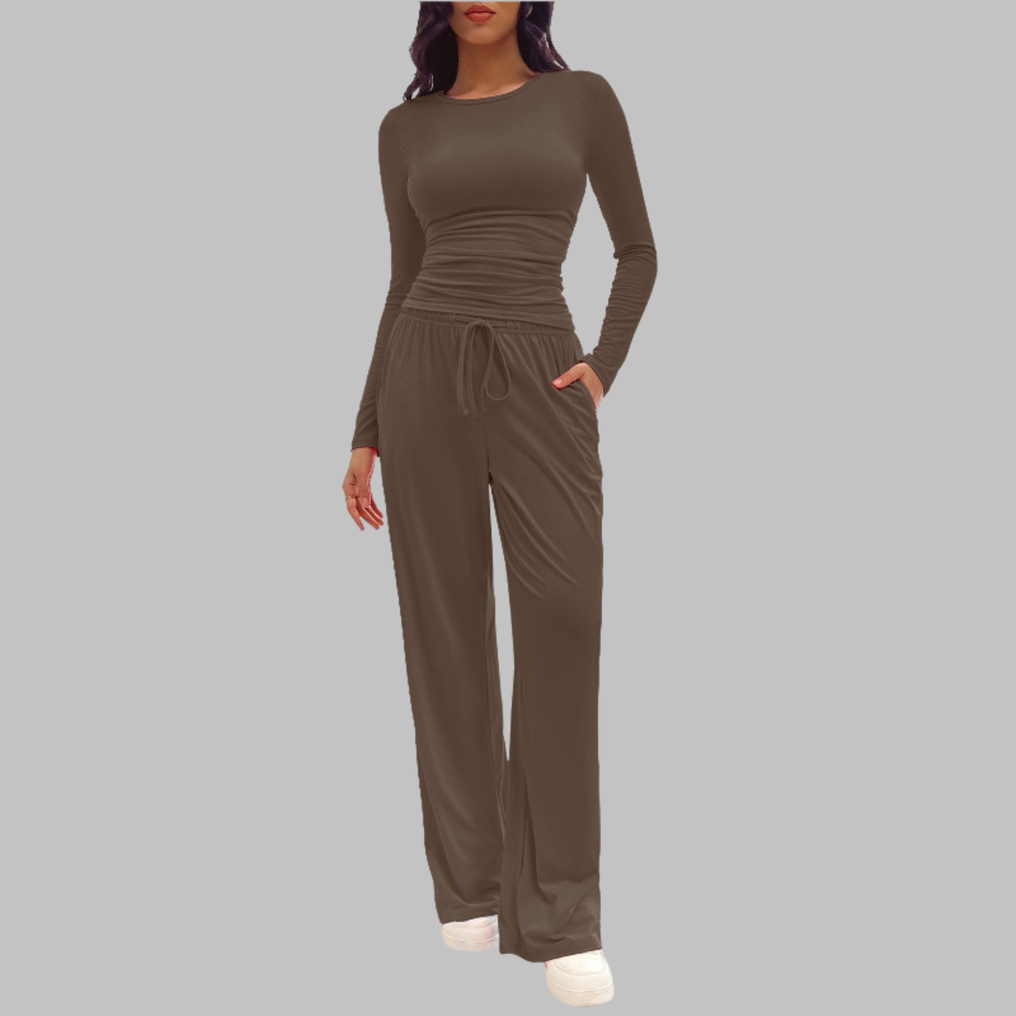 Women's Fitted Long Sleeve Top Wide Leg Trouser Set Ruched Waist