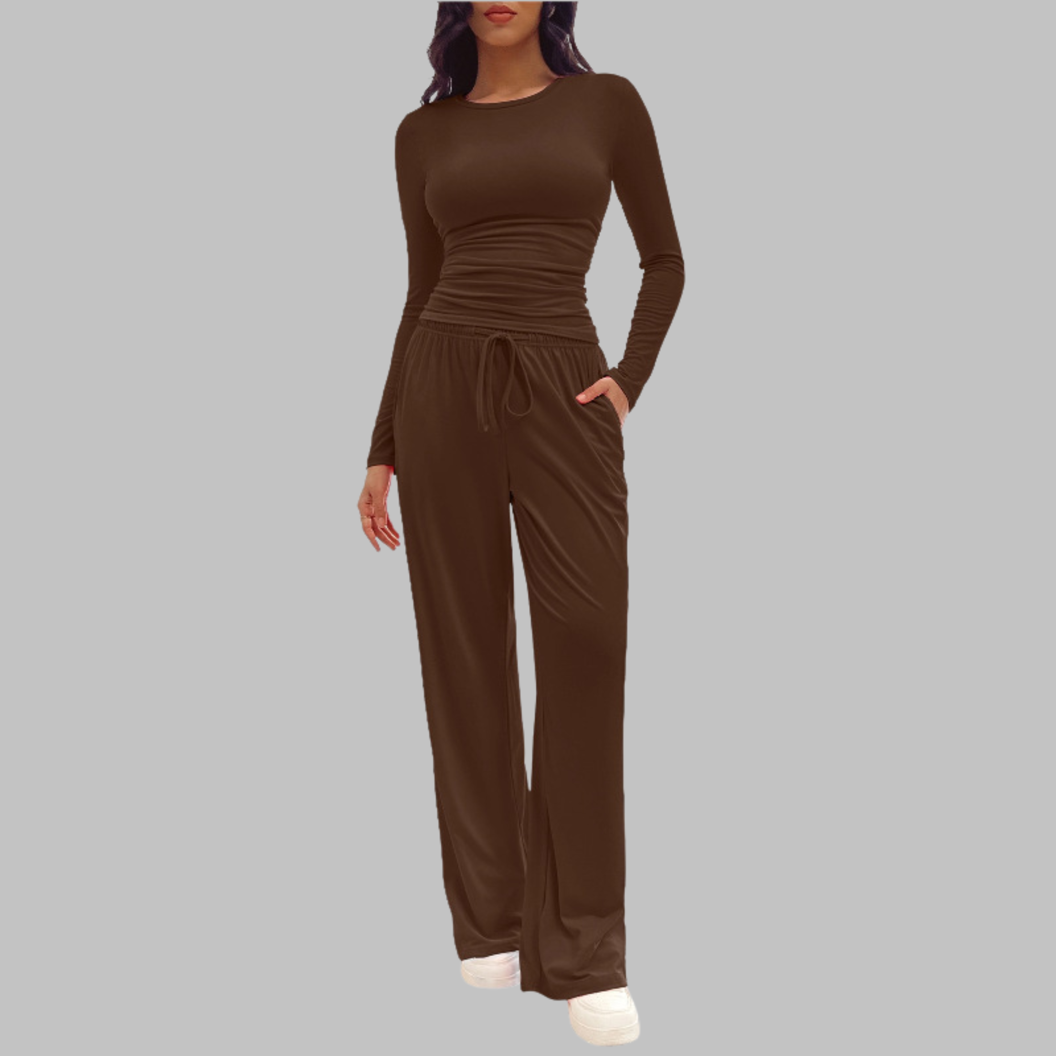 Women's Fitted Long Sleeve Top Wide Leg Trouser Set Ruched Waist