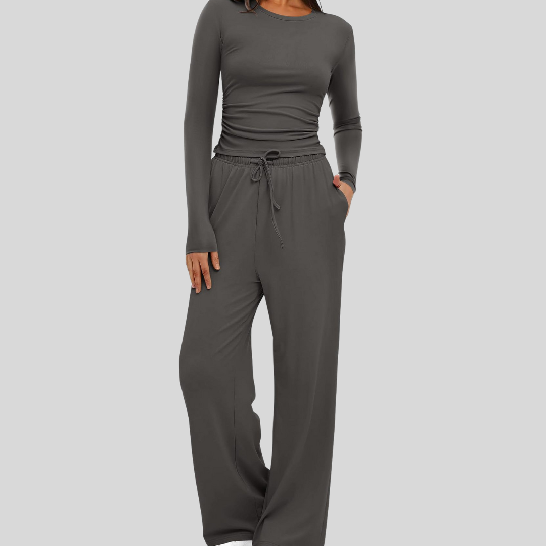 Women's Fitted Long Sleeve Top Wide Leg Trouser Set Ruched Waist