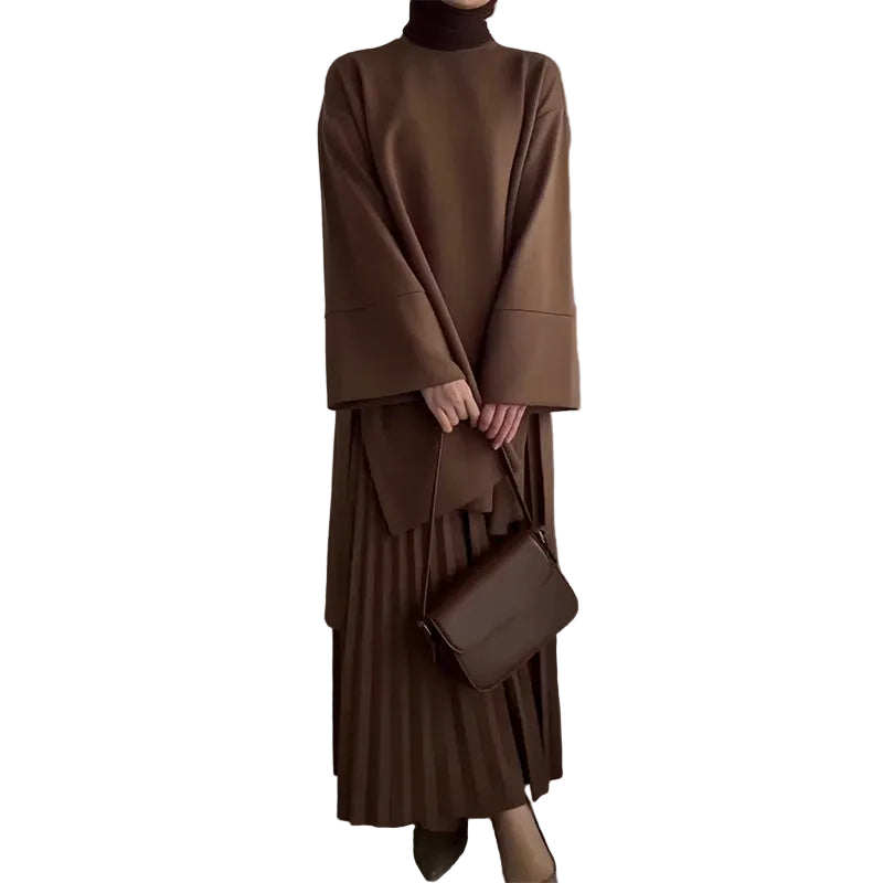Women's Flared Sleeve Top Pleated Maxi Skirt Set Trumpet Cuff