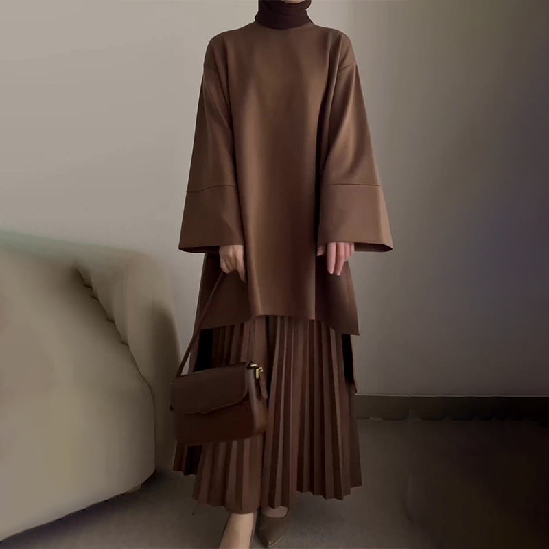Women's Flared Sleeve Top Pleated Maxi Skirt Set Trumpet Cuff