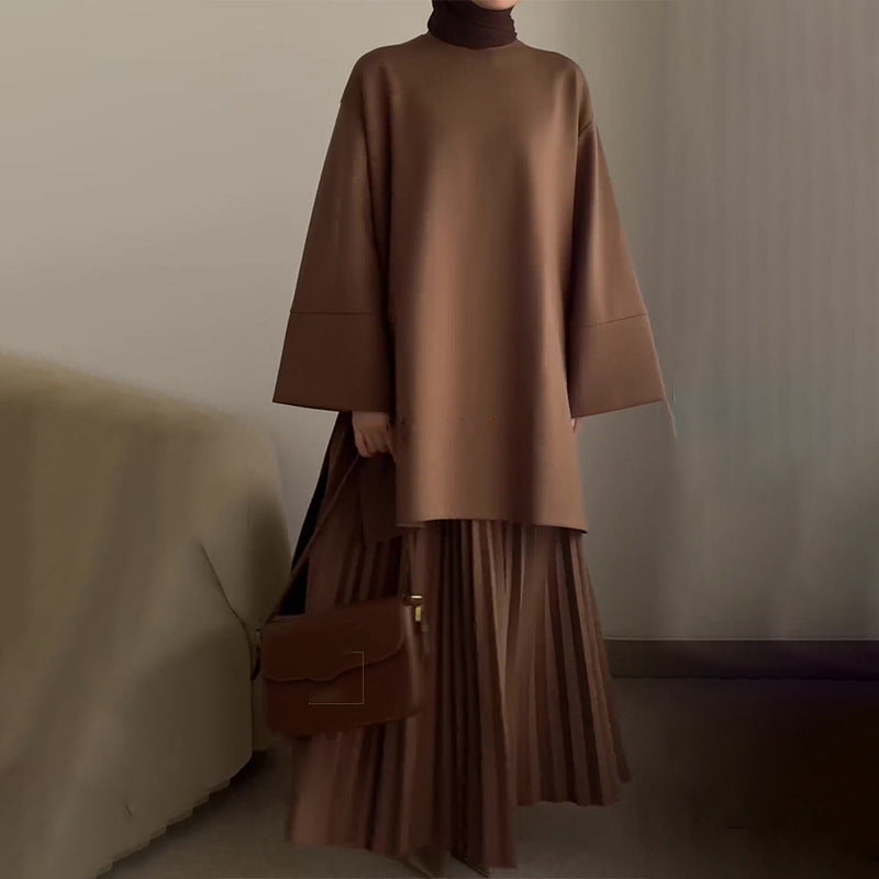 Women's Flared Sleeve Top Pleated Maxi Skirt Set Trumpet Cuff